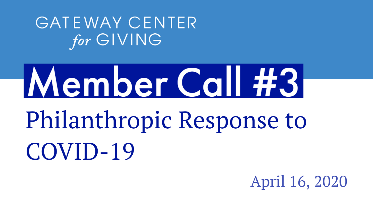 Slide with the text Member Call #3 Philanthropic Response to COVID-19