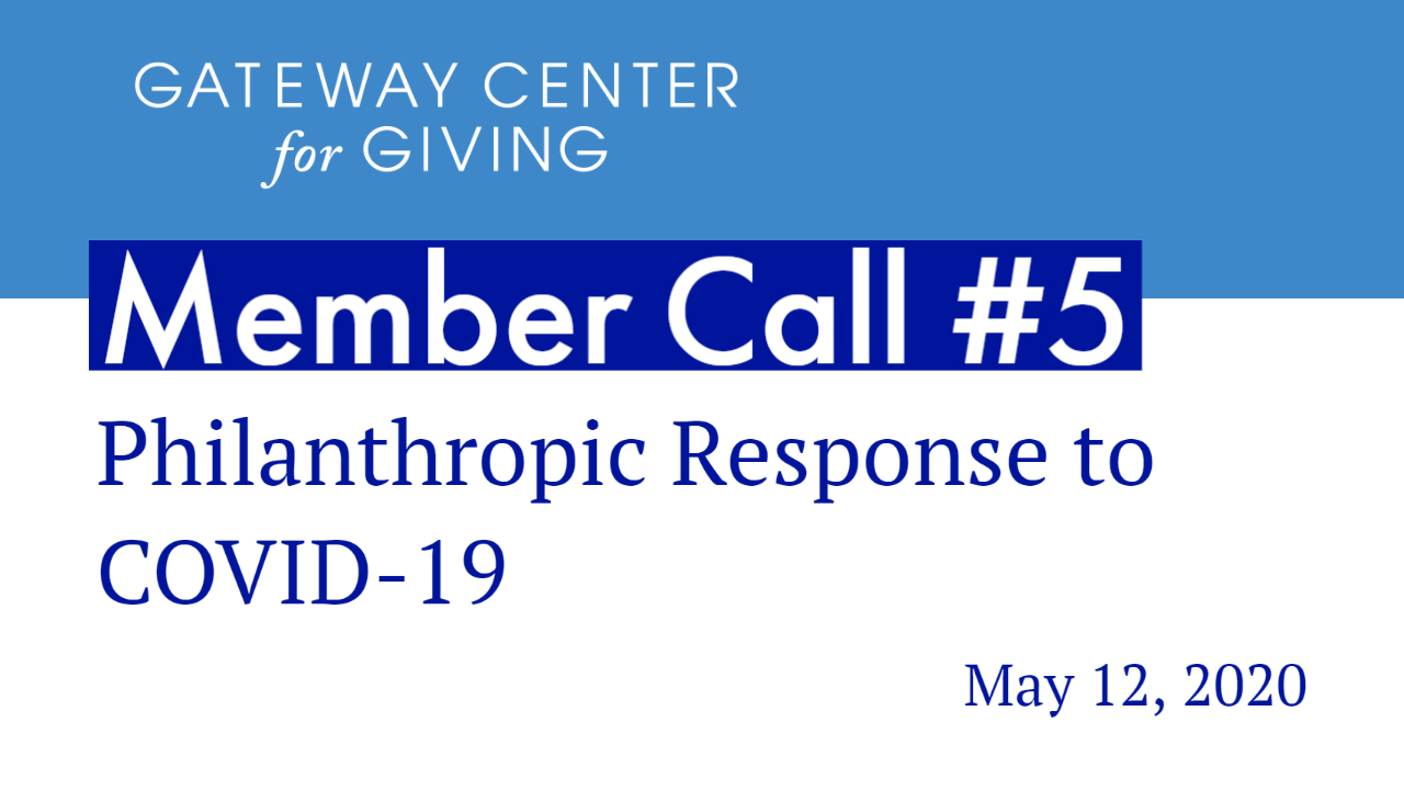 Slide with the text Member Call #5 Philanthropic Response to COVID-19