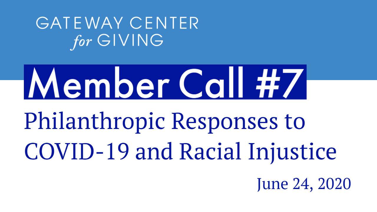 Slide with the text Member Call #7 Philanthropic Responses to COVID-19 and Racial Injustice