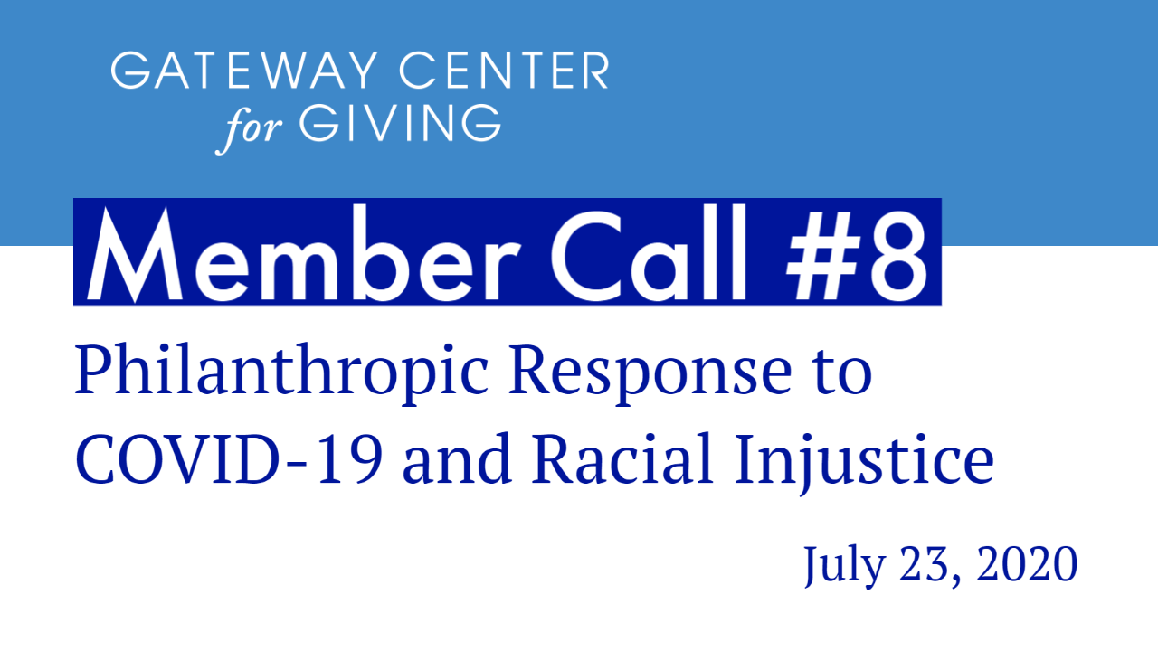 Slide with the text Member Call #8 Philanthropic Response to COVID-19 and Racial Injustice
